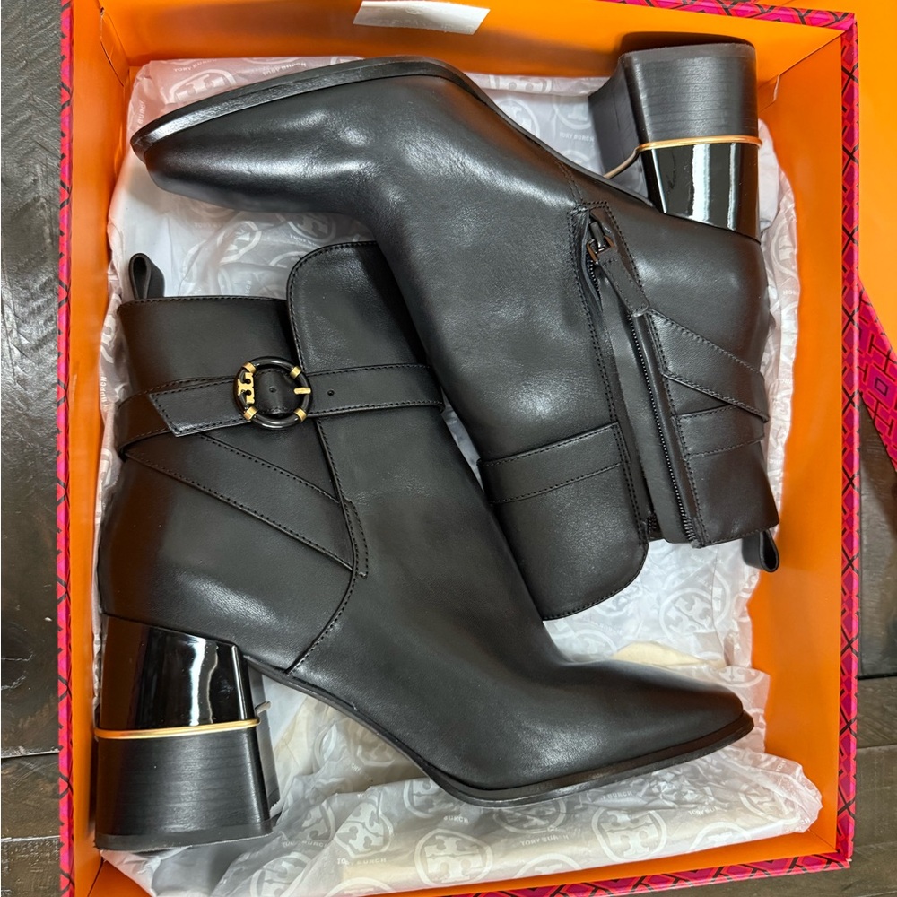 Tory Burch Black Ankle Boots with Gold Accents